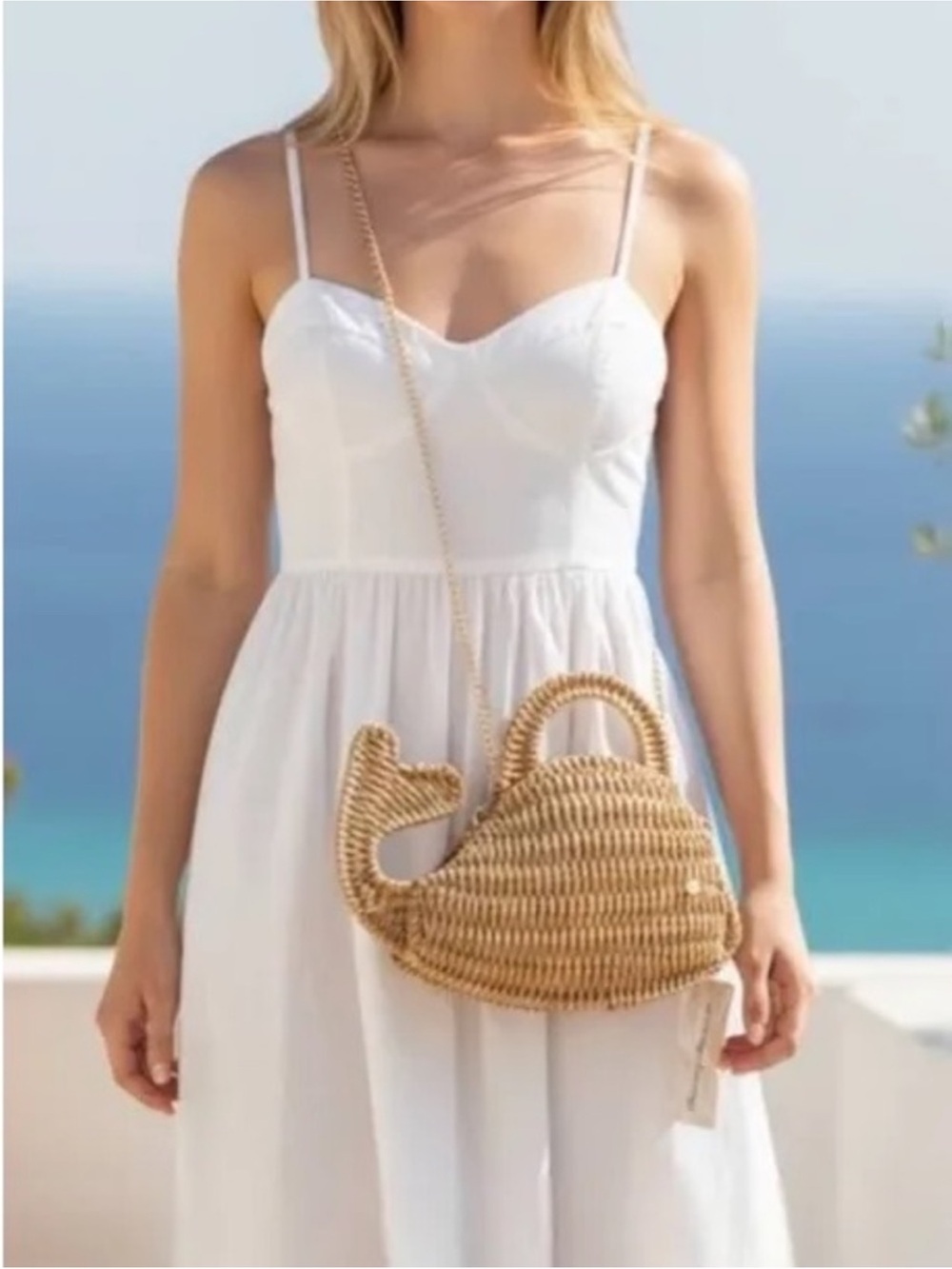 Tommy Bahama Natural Woven Whale Crossbody Bag with Gold Chain